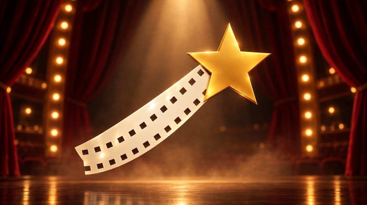 Studio-Intro: goldener Filmstern mit Filmstreifen-Schweif im Scheinwerferlicht vor rotem Bühnenvorhang